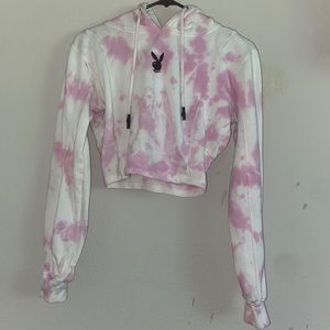 Pink & White Tye Dye Cropped Playboy x Missguided Hoodie